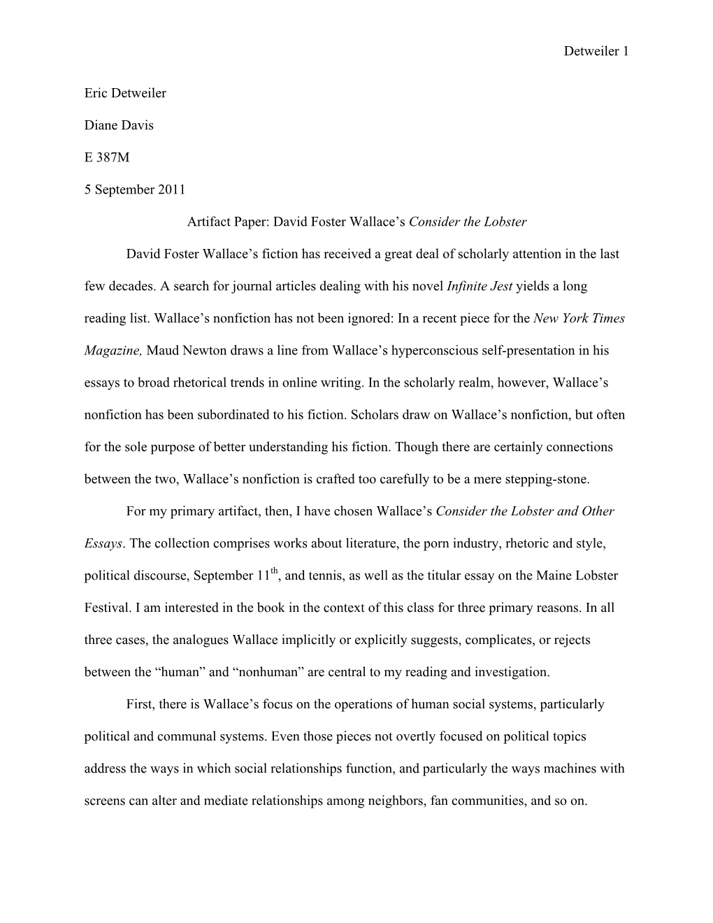 Artifact Paper: David Foster Wallace’S Consider the Lobster