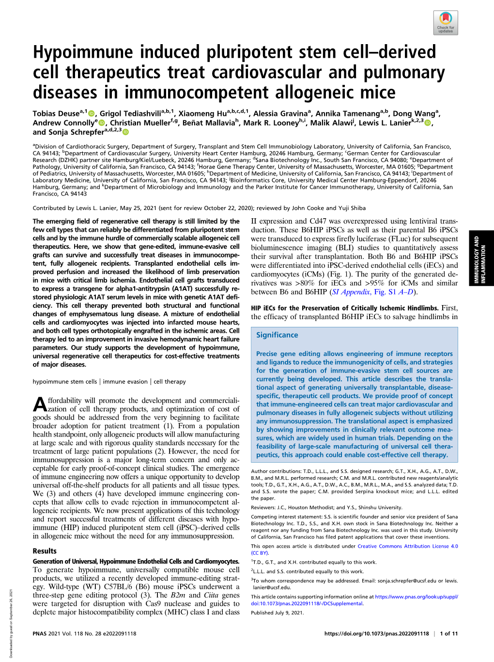 Hypoimmune Induced Pluripotent Stem Cell–Derived Cell Therapeutics Treat Cardiovascular and Pulmonary Diseases in Immunocompetent Allogeneic Mice