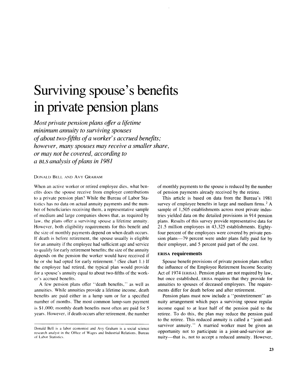 Surviving Spouse's Benefits in Private Pension Plans