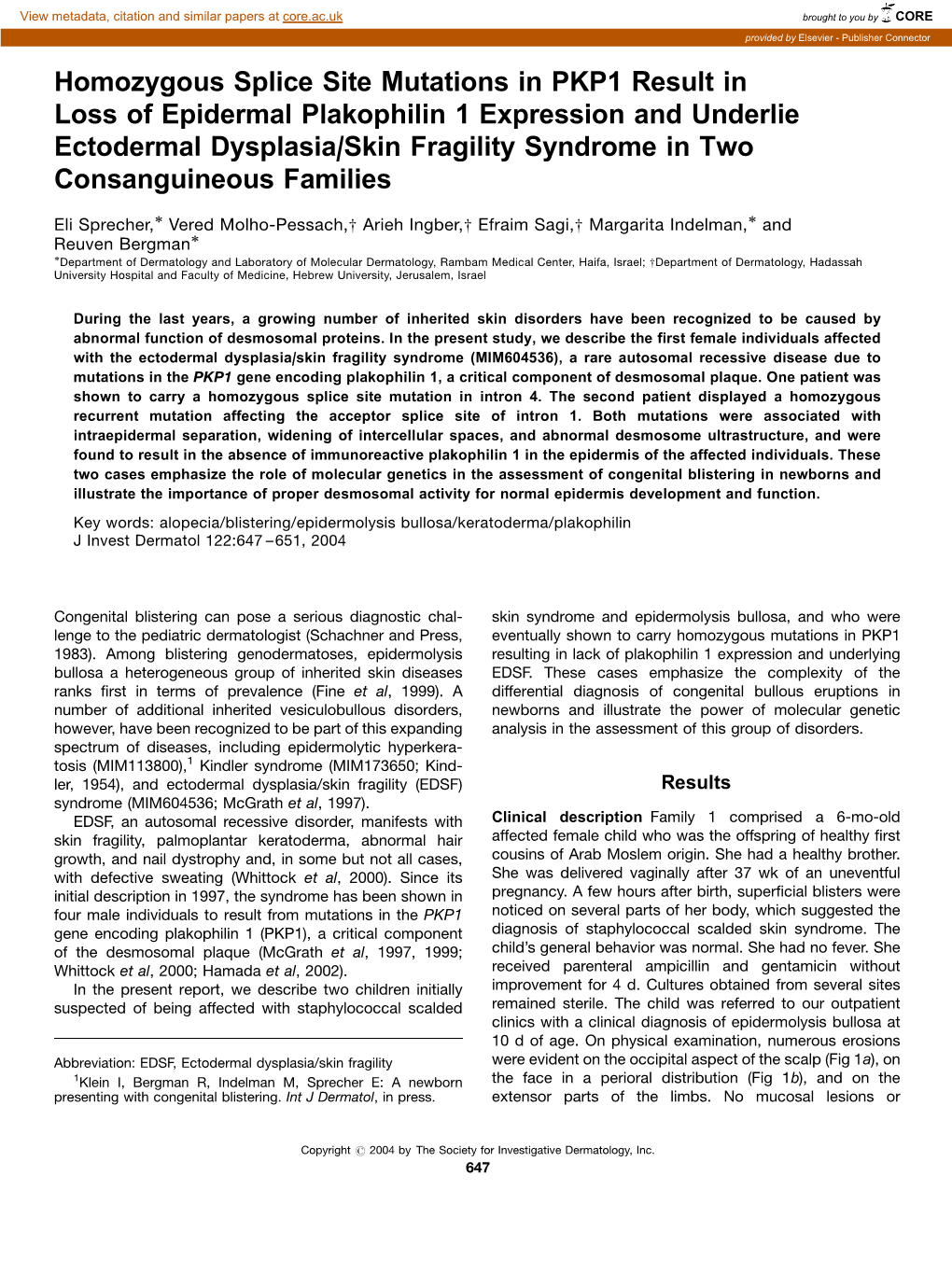 Homozygous Splice Site Mutations in PKP1 Result in Loss of Epidermal Plakophilin 1 Expression and Underlie Ectodermal Dysplasia