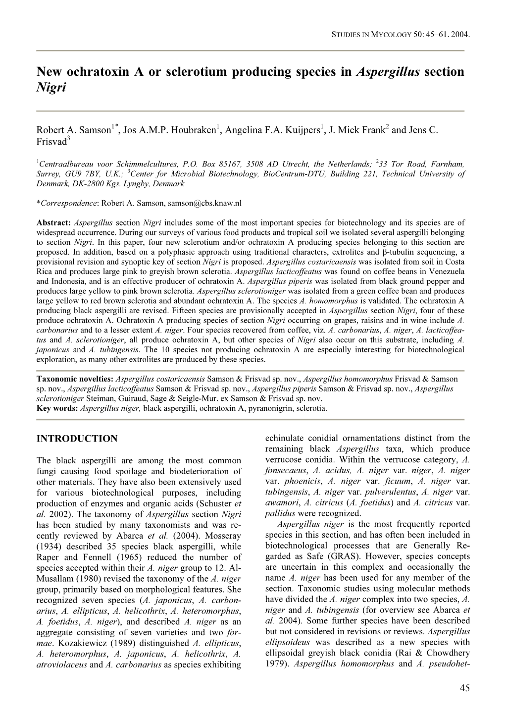 New Ochratoxin a Or Sclerotium Producing Species in Aspergillus Section Nigri