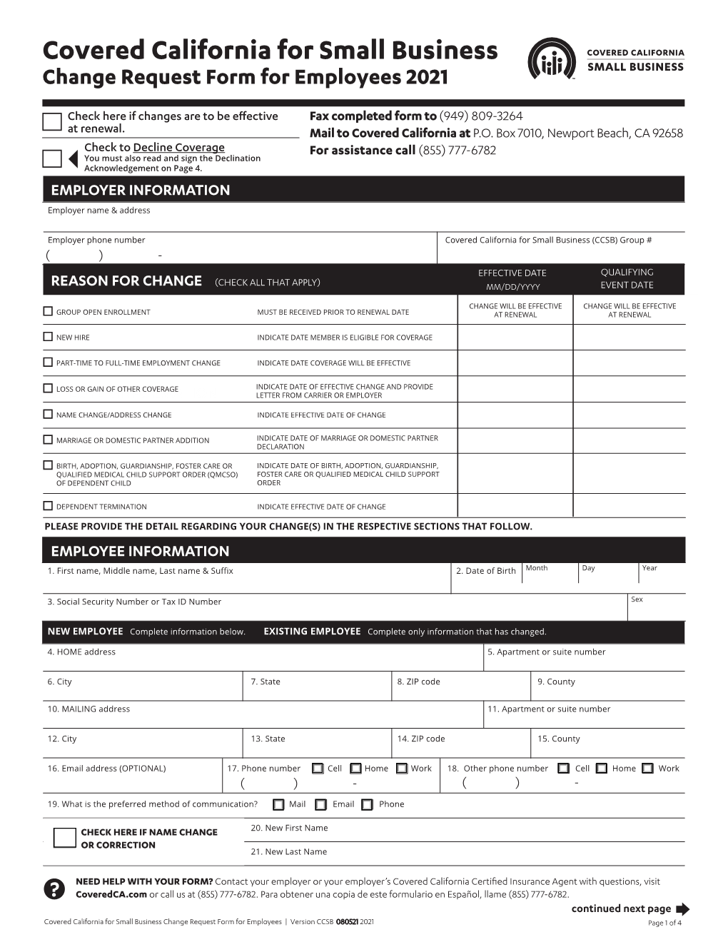 Covered California for Small Business Change Request Form for Employees 2021