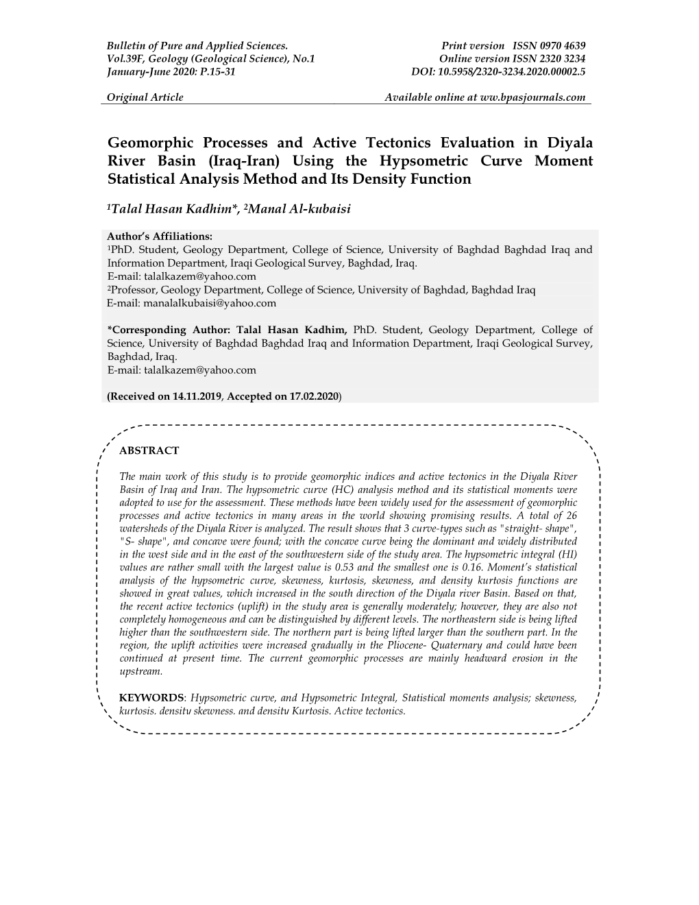 (Iraq-Iran) Using the Hypsometric Curve Moment Statistical Analysis Method and Its Density Function