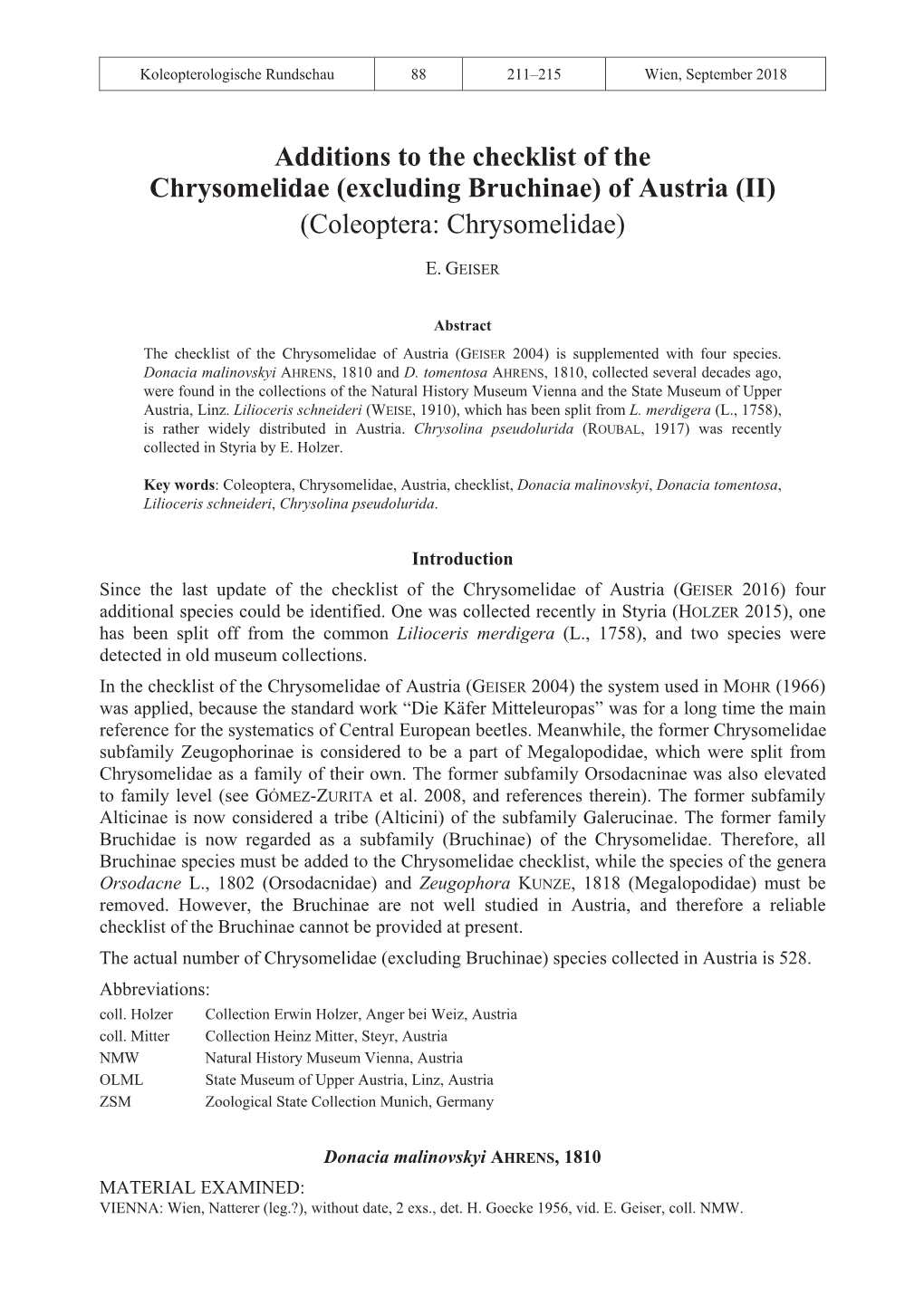 Excluding Bruchinae) of Austria (II) (Coleoptera: Chrysomelidae