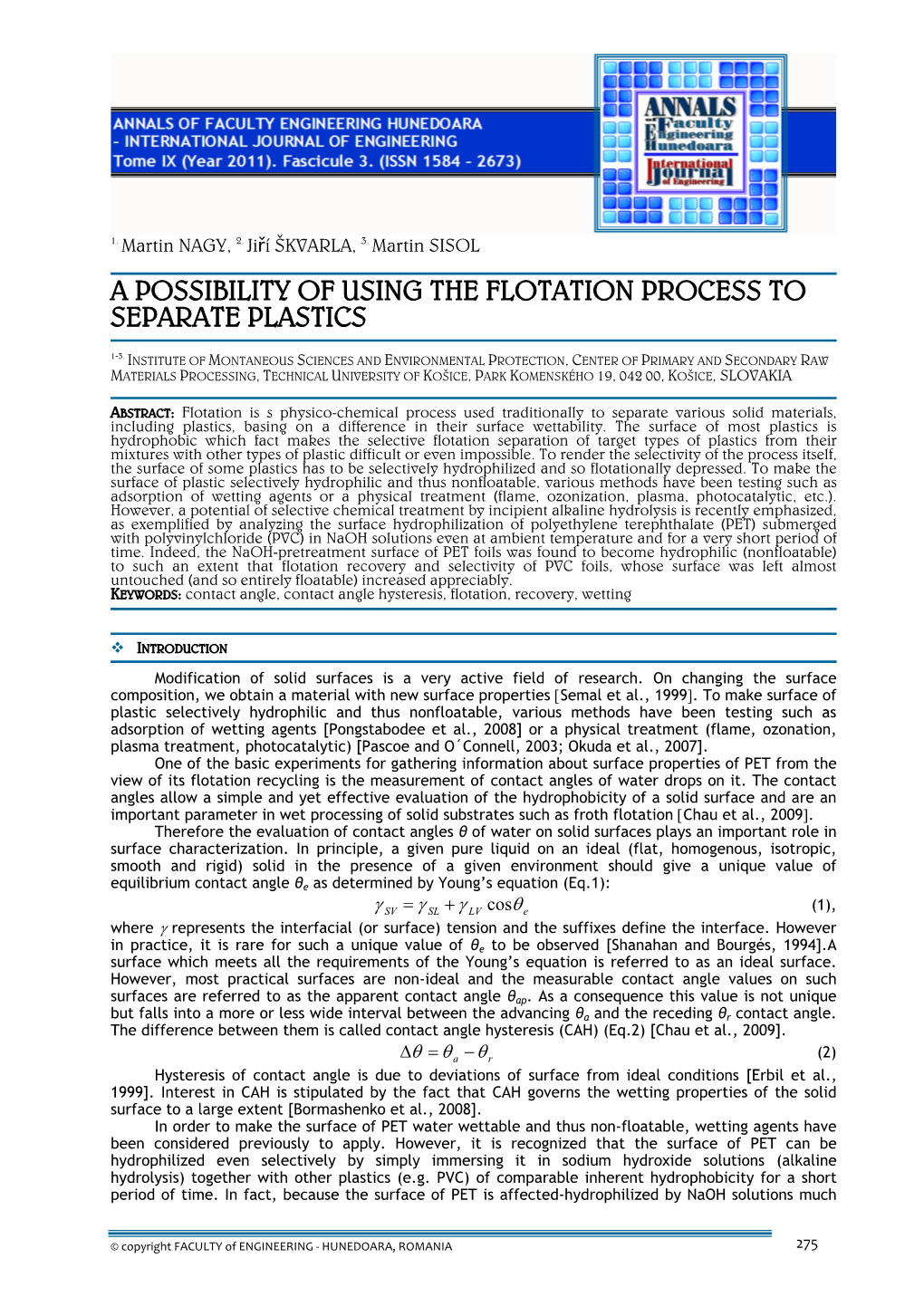 A Possibility of Using the Flotation Process to Separate Plastics