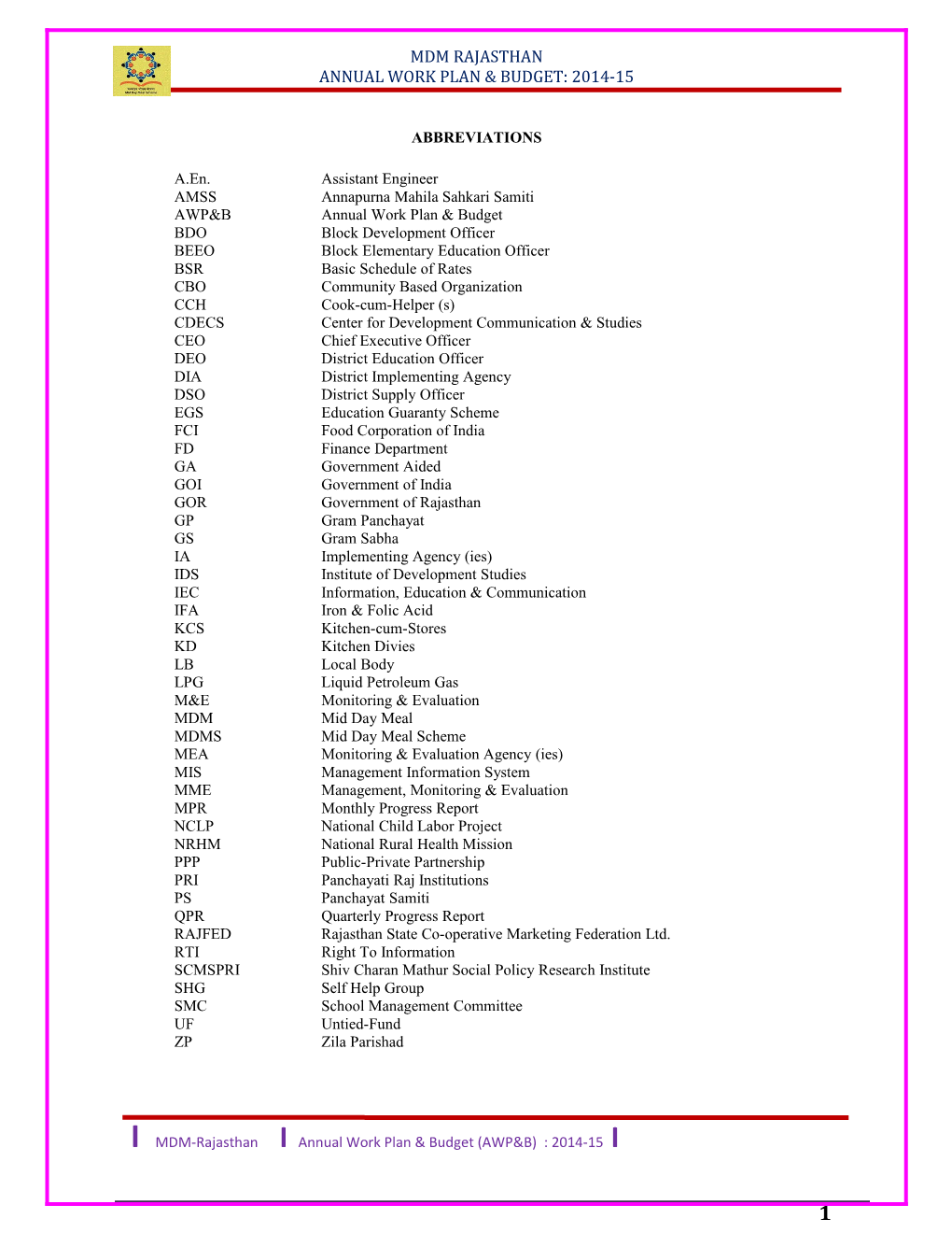 Annual Work Plan & Budget: 2014-15