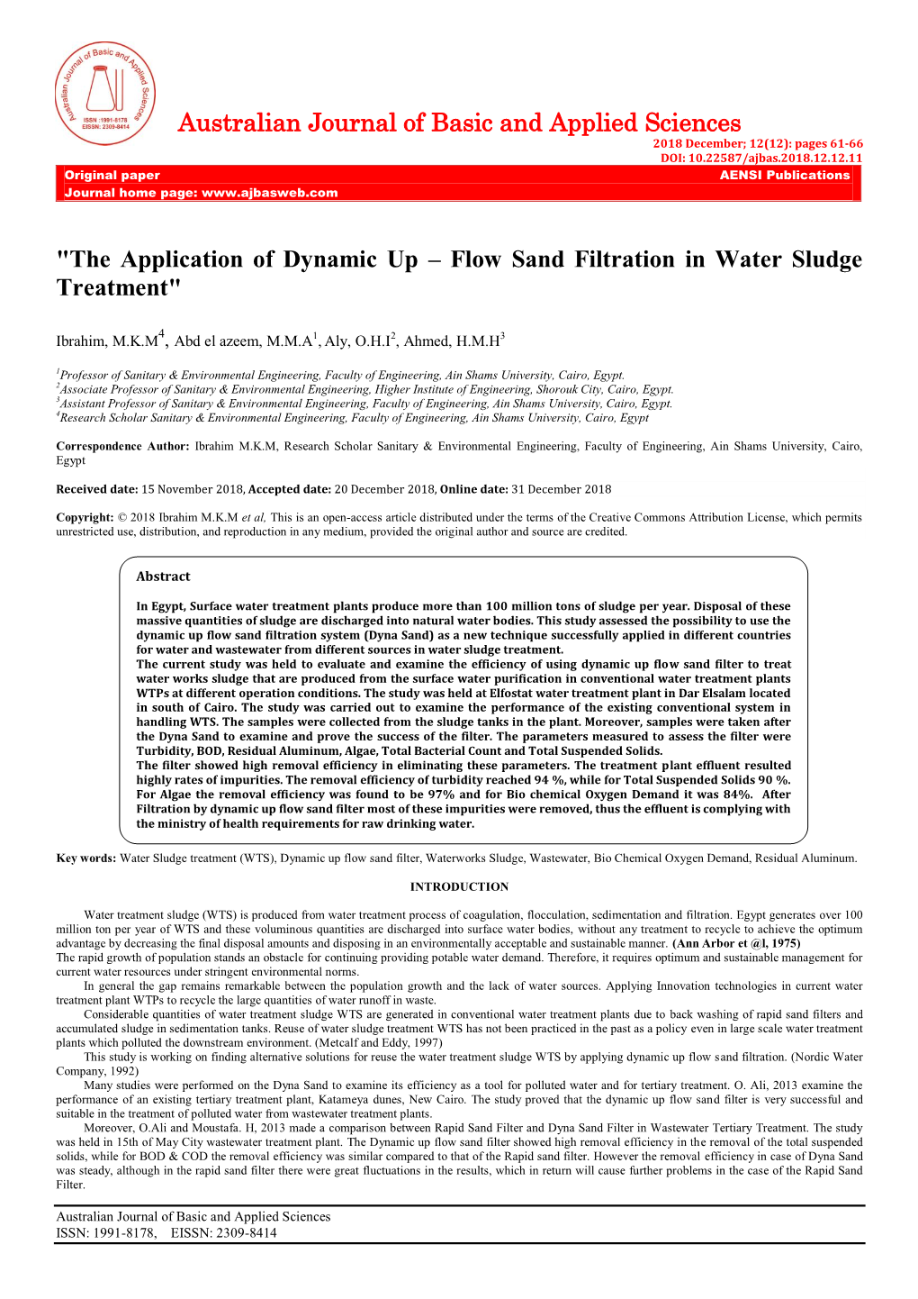 The Application of Dynamic up – Flow Sand Filtration in Water Sludge Treatment"