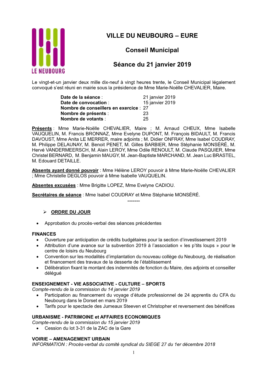 EURE Conseil Municipal Séance Du 21 Janvier 2019