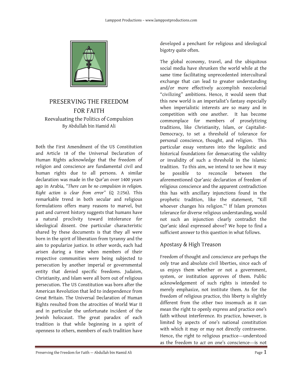 Preserving the Freedom for Faith — Abdullah Bin Hamid Ali Page 1