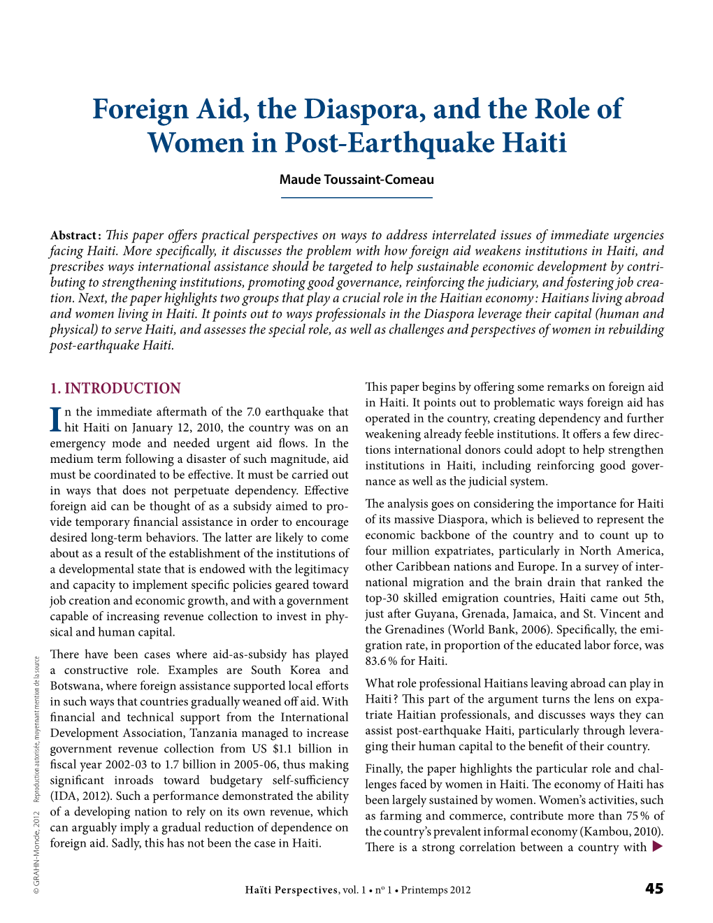 Foreign Aid, the Diaspora, and the Role of Women in Post-Earthquake Haiti Maude Toussaint-Comeau