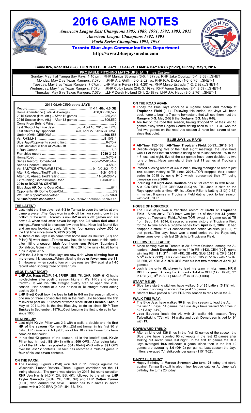 2016 Game Notes