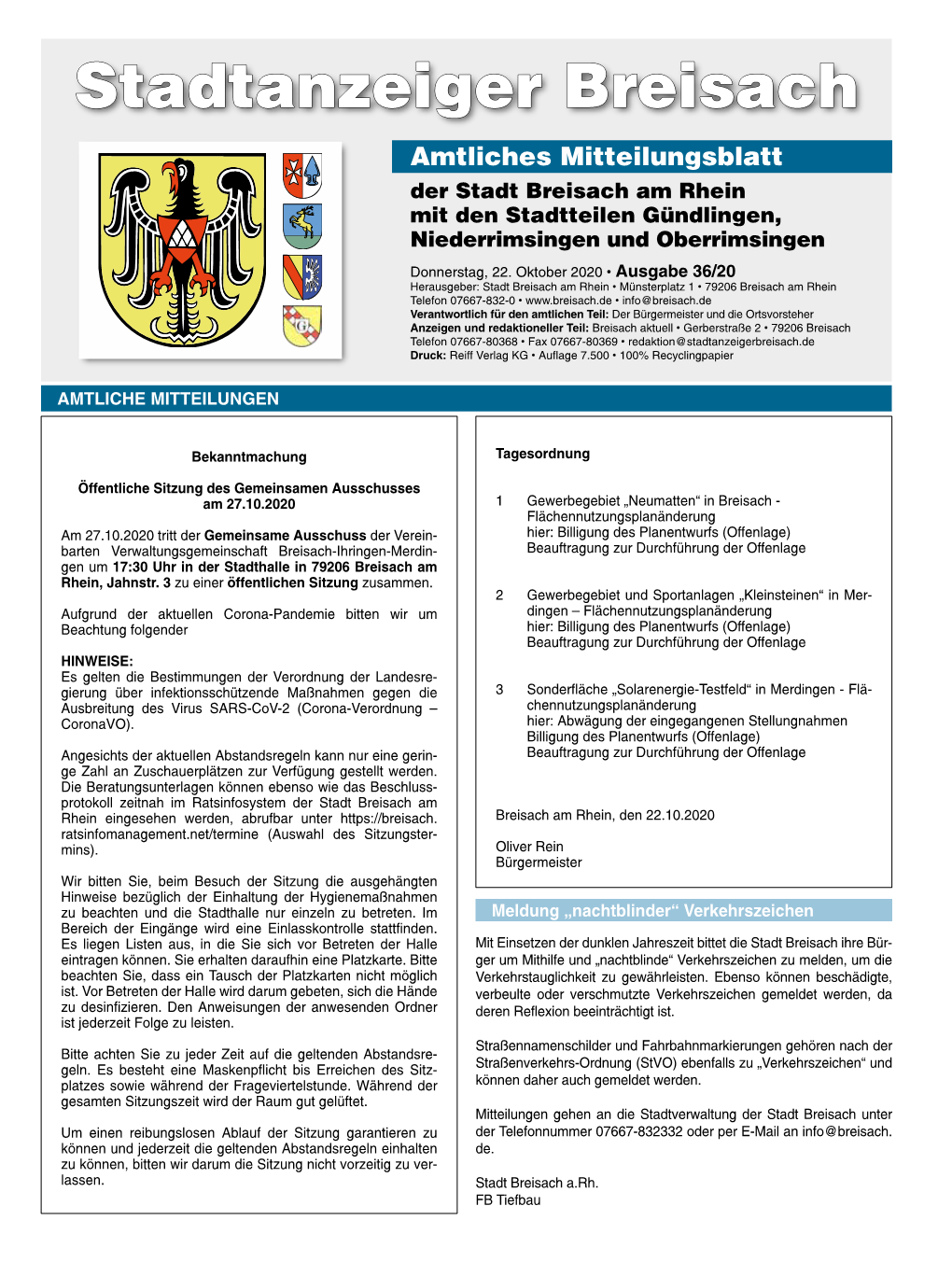 Stadtanzeiger Breisach Amtliches Mitteilungsblatt Der Stadt Breisach Am Rhein Mit Den Stadtteilen Gündlingen, Niederrimsingen Und Oberrimsingen Donnerstag, 22