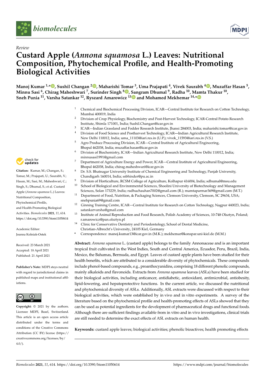 Custard Apple (Annona Squamosa L.) Leaves: Nutritional Composition, Phytochemical Proﬁle, and Health-Promoting Biological Activities