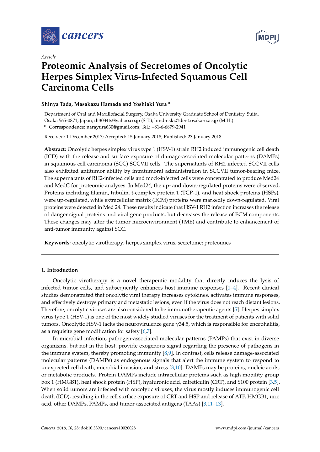 Proteomic Analysis of Secretomes of Oncolytic Herpes Simplex Virus-Infected Squamous Cell Carcinoma Cells