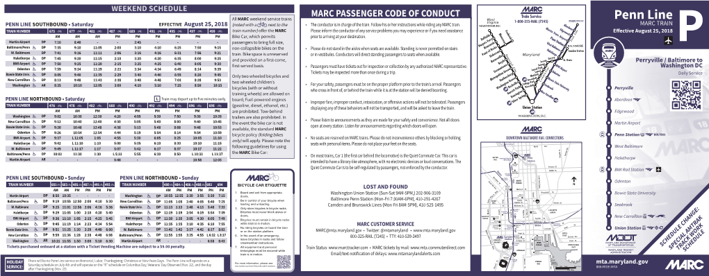 Penn Line PENN LINE SOUTHBOUND • Saturday EFFECTIVE August 25, 2018 (Noted with a Next to the • the Conductor Is in Charge of the Train