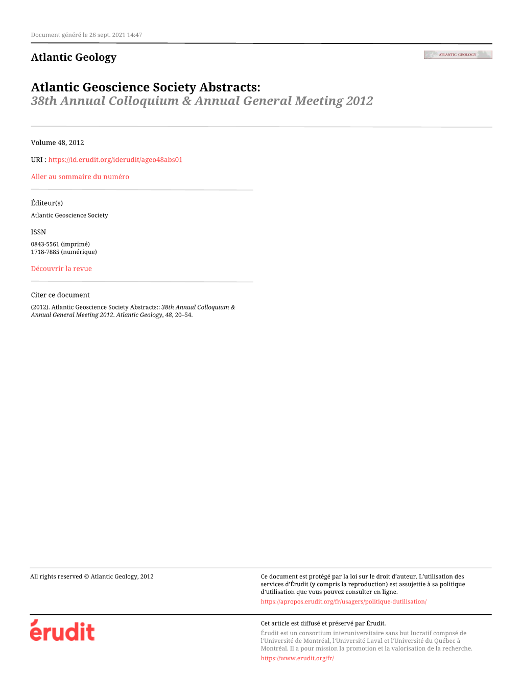Atlantic Geoscience Society Abstracts:: 38Th Annual Colloquium & Annual General Meeting 2012
