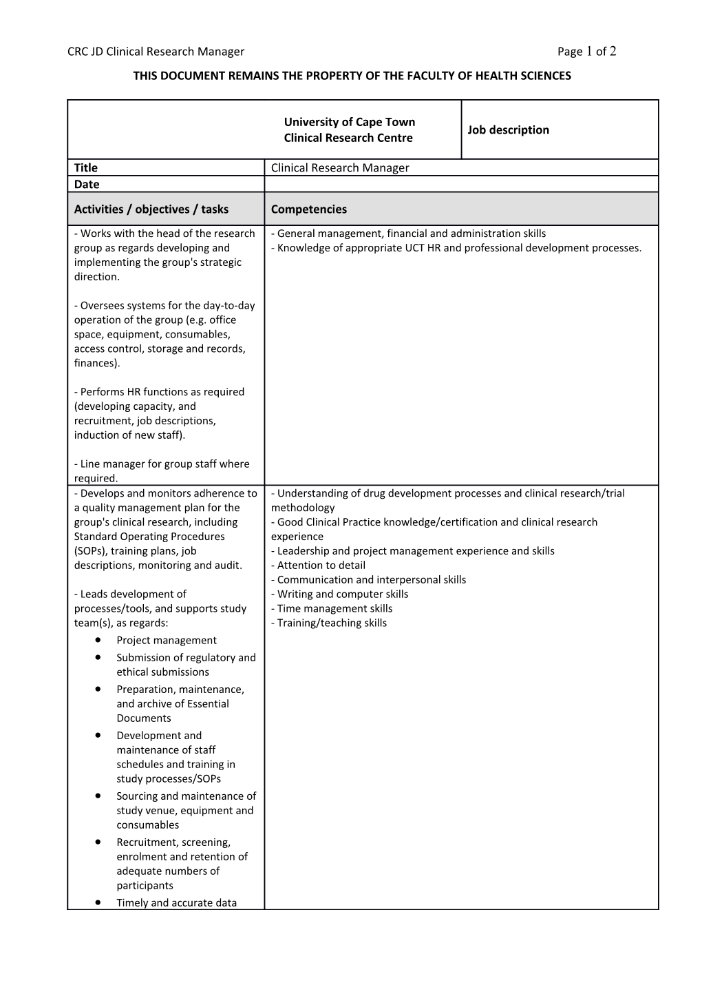 This DOCUMENT Remains the Property of the Faculty of Health Sciences