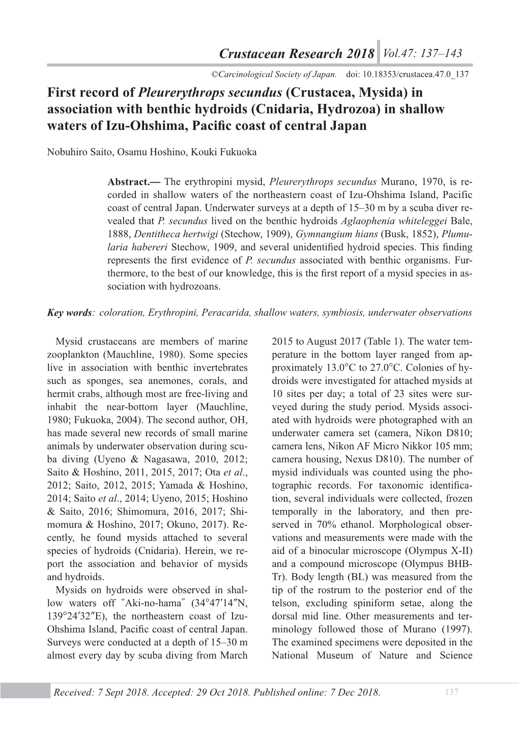 (Crustacea, Mysida) in Association with Benthic Hydroids (Cnidaria, Hydrozoa) in Shallow Waters of Izu-Ohshima, Paciﬁc Coast of Central Japan