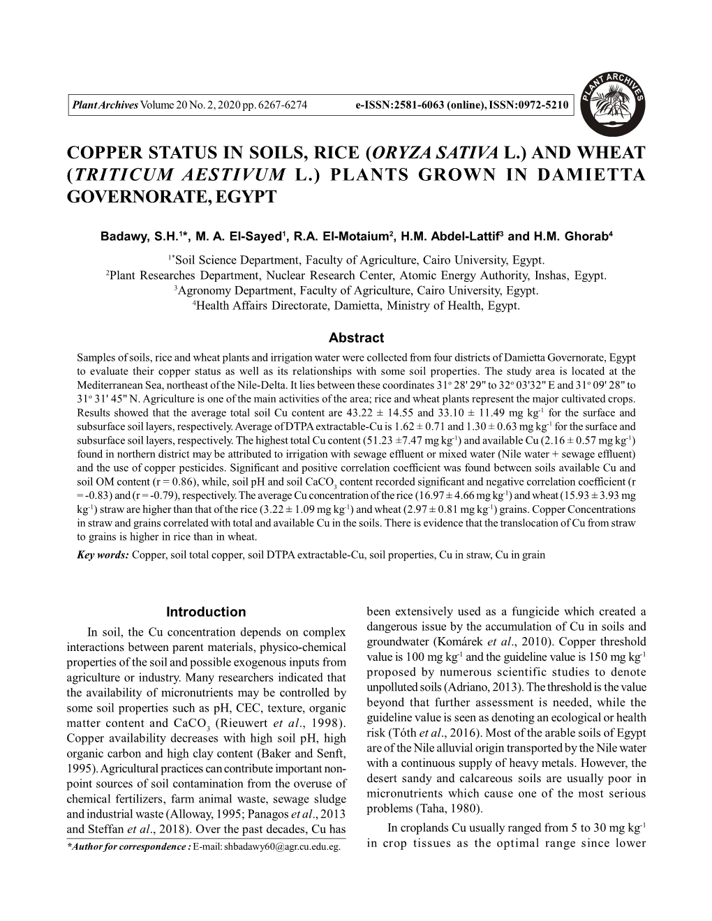 Copper Status in Soils, Rice (Oryza Sativa L.) and Wheat (Triticum Aestivum L.) Plants Grown in Damietta Governorate, Egypt