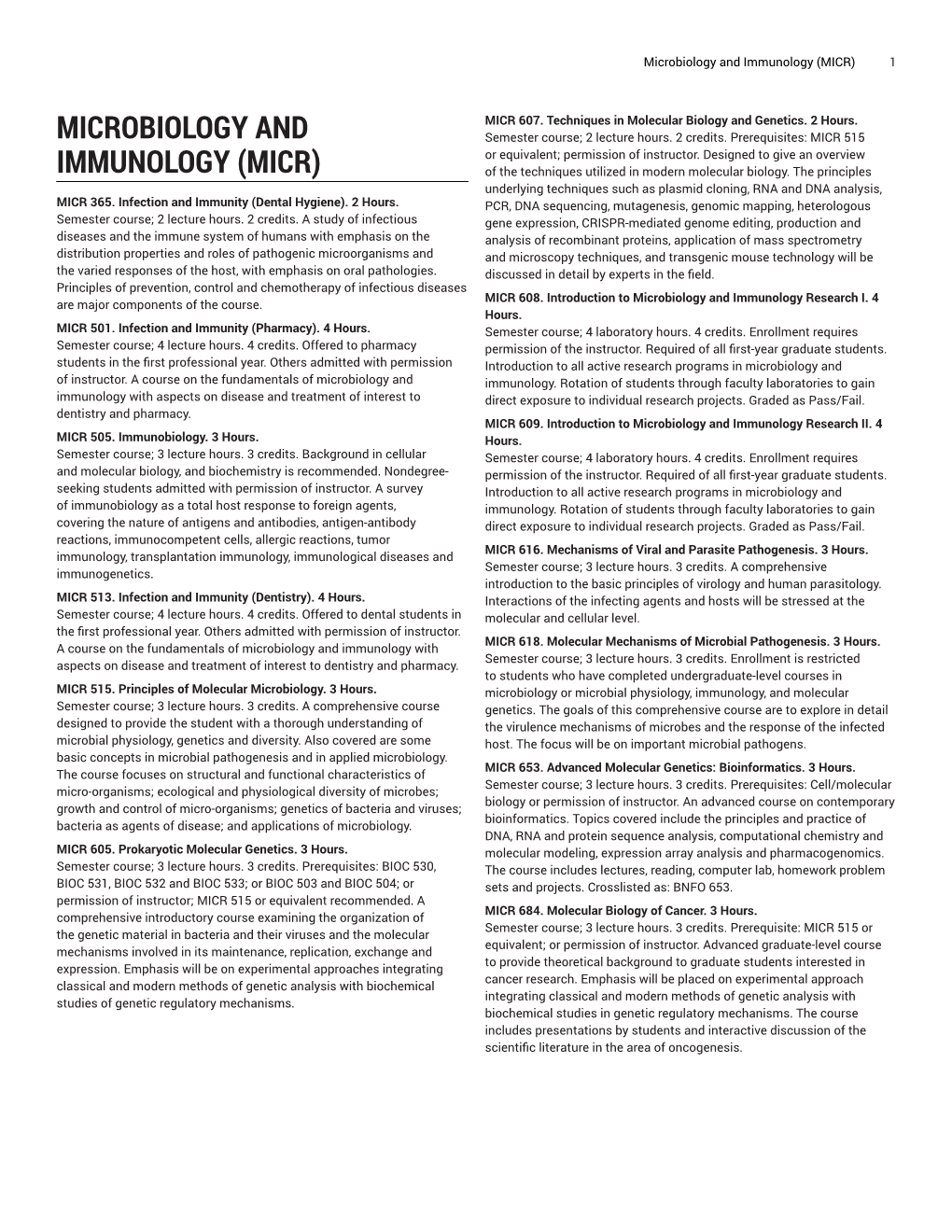 Microbiology and Immunology (MICR) 1