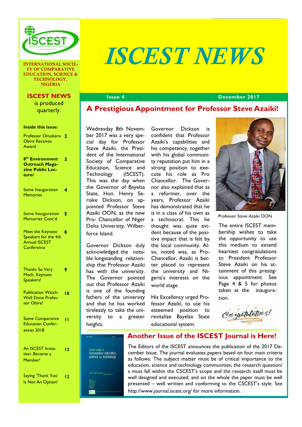Iscest News International Socie- Ty of Comparative Education, Science & Technology, Nigeria