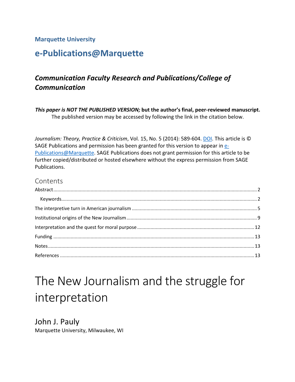 The New Journalism and the Struggle for Interpretation