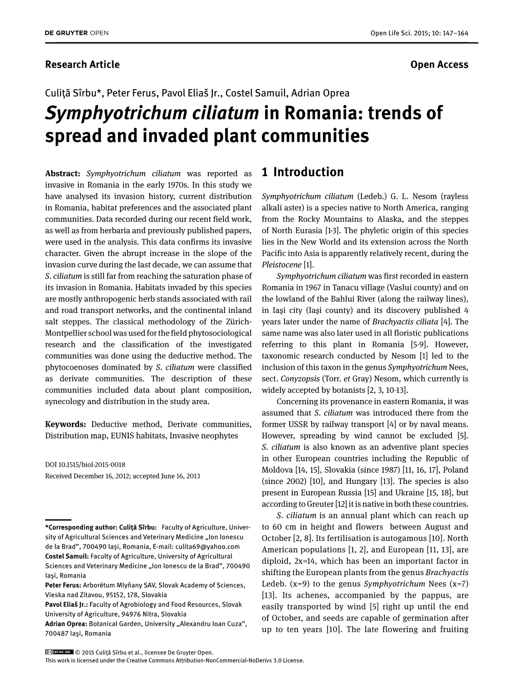 Symphyotrichum Ciliatum in Romania: Trends of Spread and Invaded Plant Communities