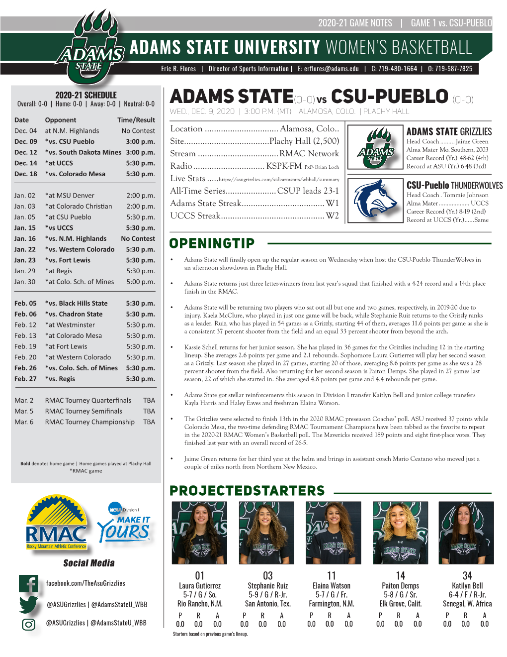 ADAMS STATE(0-0)Vs CSU-Pueblo (0-0)