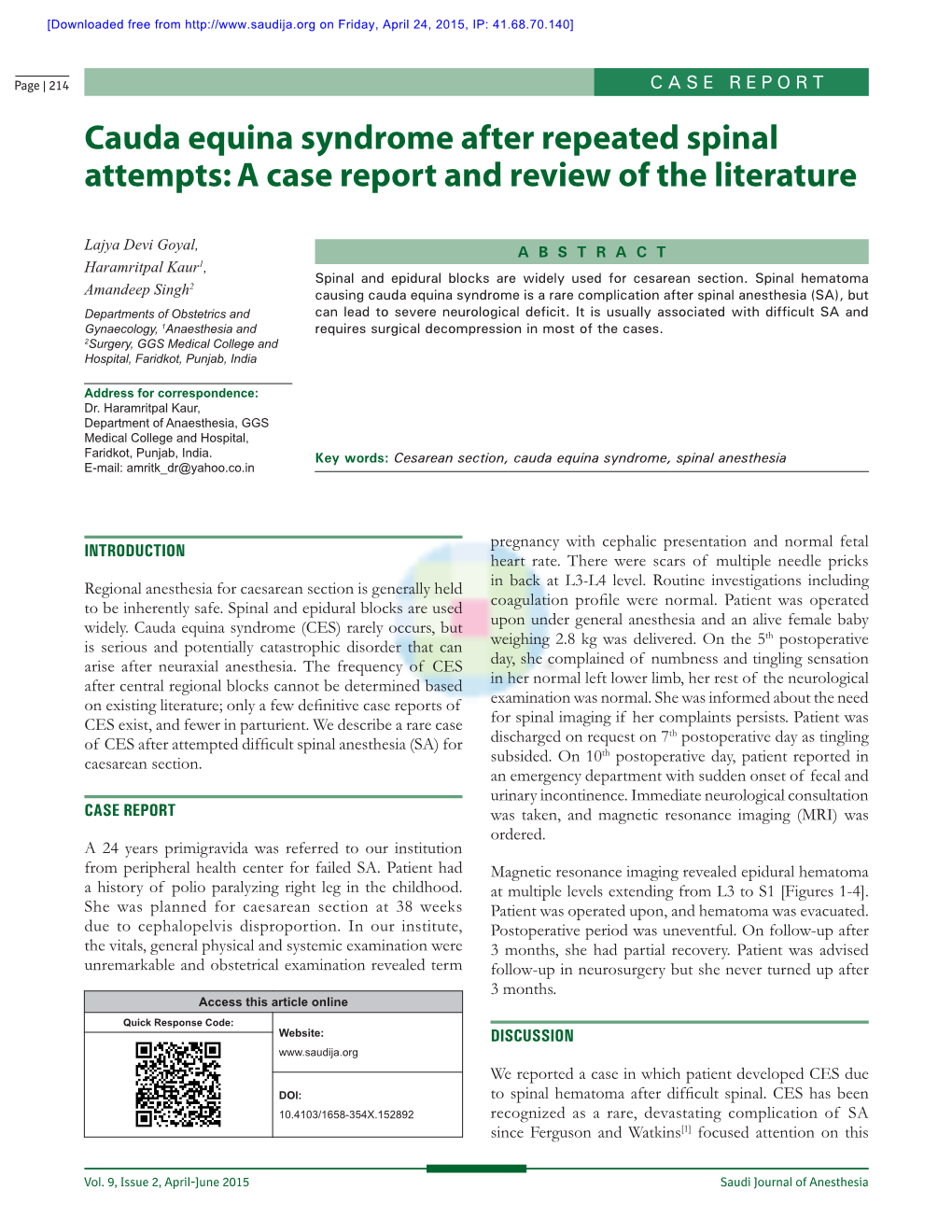 Cauda Equina Syndrome After Repeated Spinal Attempts: a Case Report and Review of the Literature