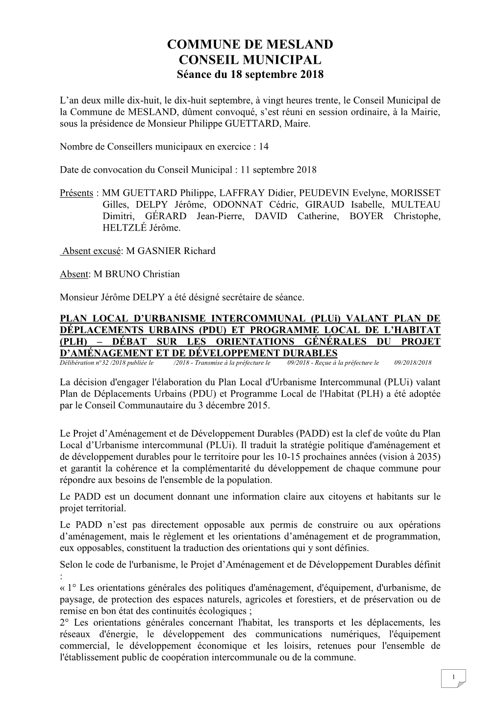 CR Conseil Municipal Du 18 Septembre 2018