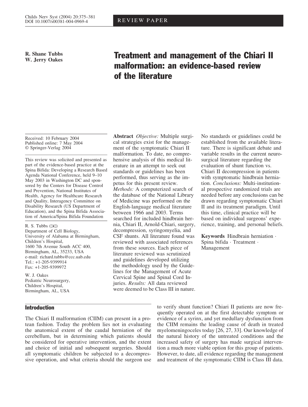 Treatment and Management of the Chiari II Malformation: an Evidence