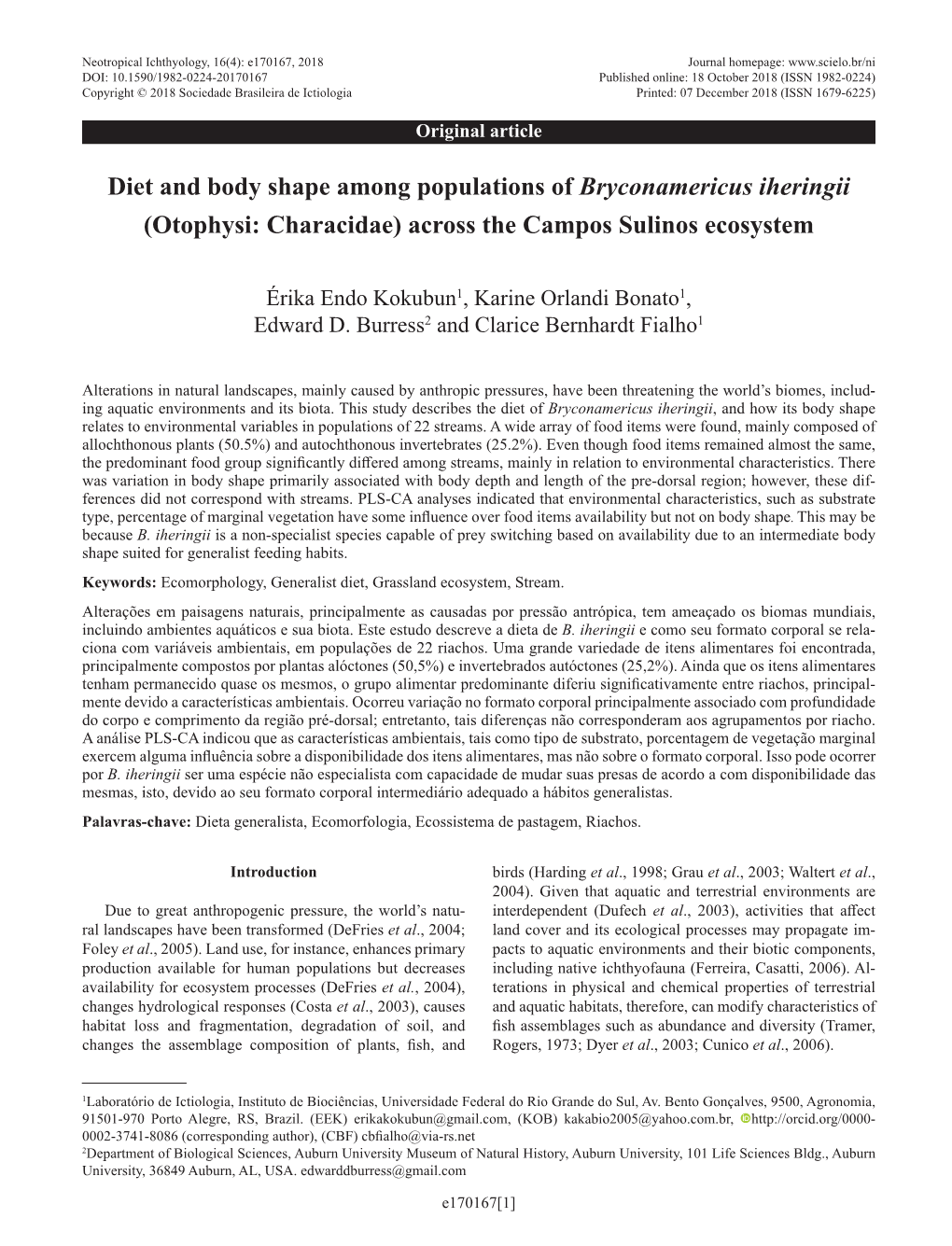 Diet and Body Shape Among Populations of Bryconamericus Iheringii (Otophysi: Characidae) Across the Campos Sulinos Ecosystem