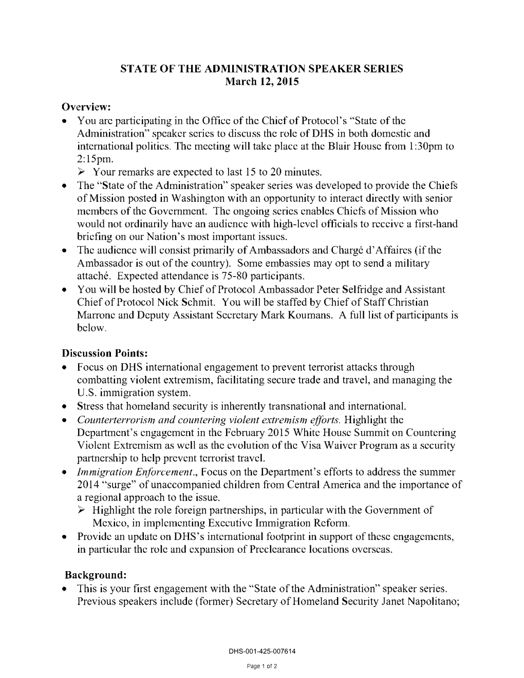 STATE of the ADMINISTRATION SPEAKER SERIES March I2, 20I5 Overview: • You Arc Participating in the Office of the Chief of Prot