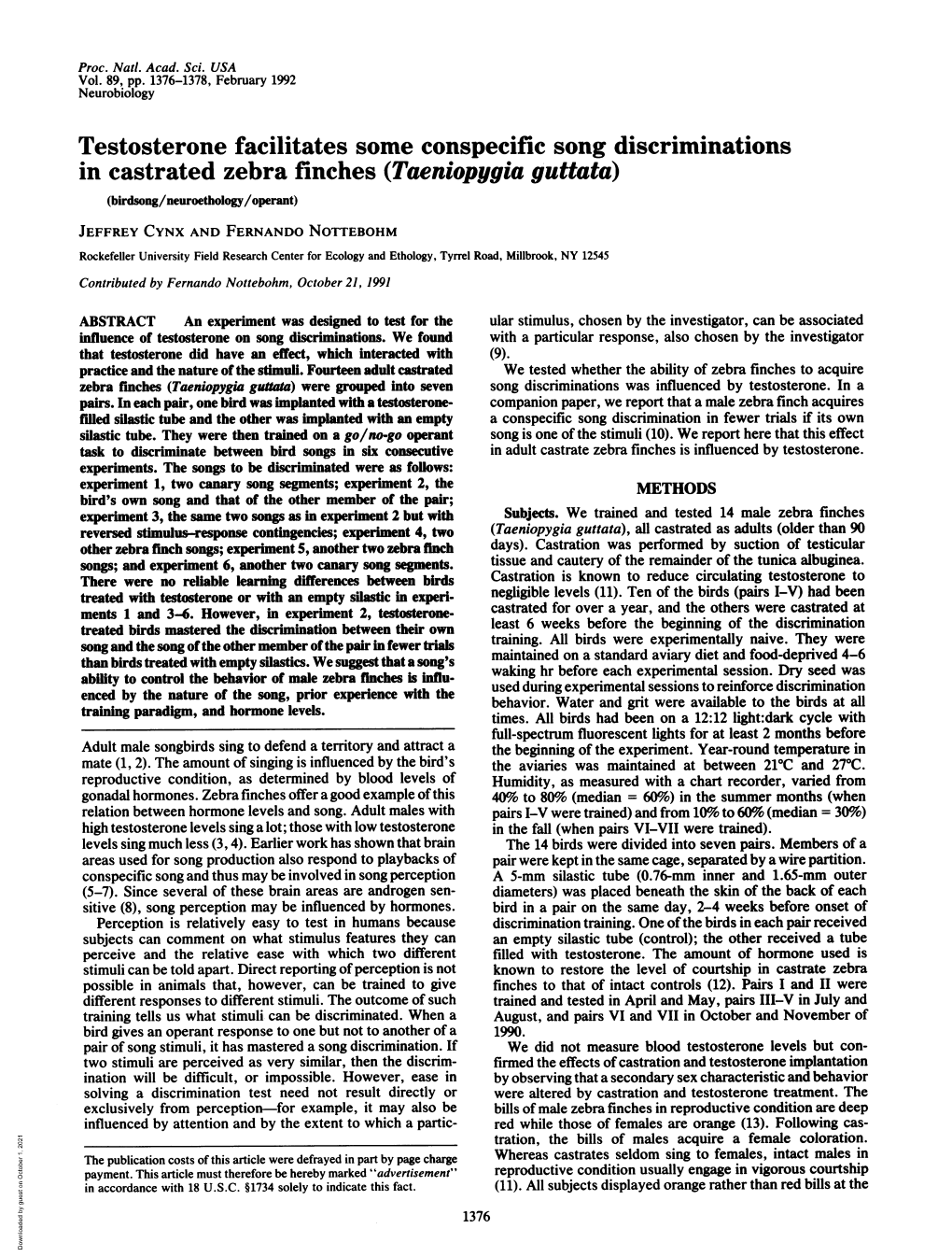 Testosterone Facilitates Some Conspecific Song Discriminations in Castrated Zebra Finches (Taeniopygia Guttata)