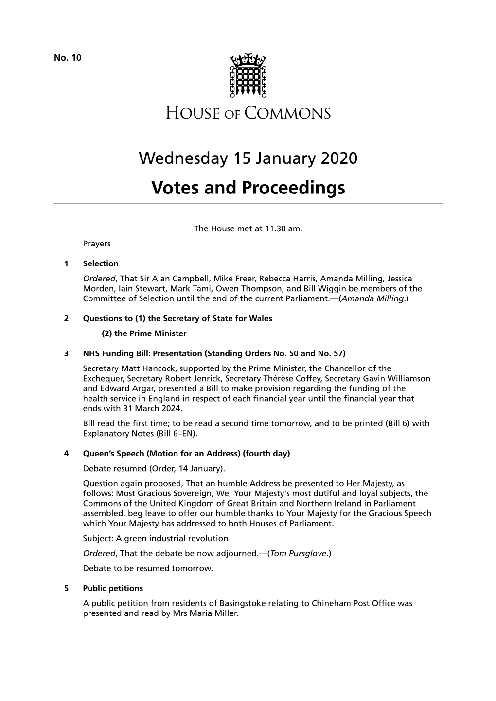 Votes and Proceedings for 15 Jan 2020
