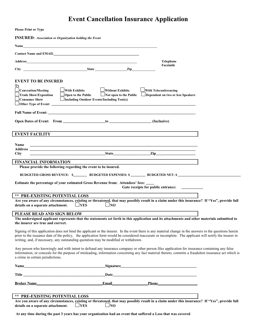 Event Cancellation Insurance Application