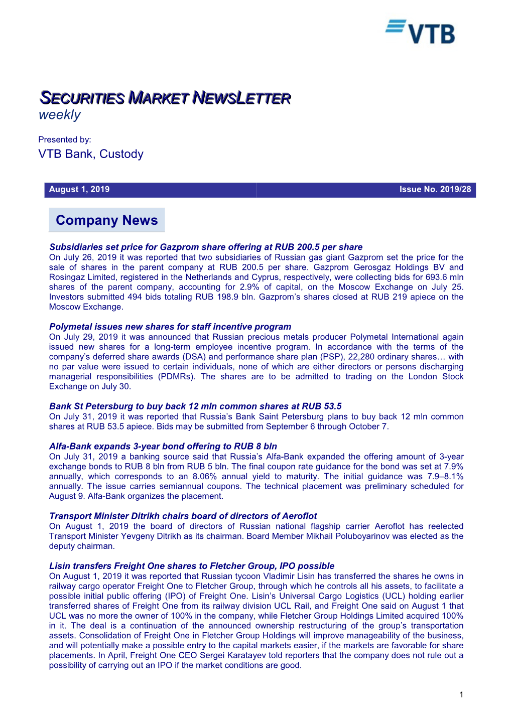 Company News SECURITIES MARKET NEWS LETTER Weekly