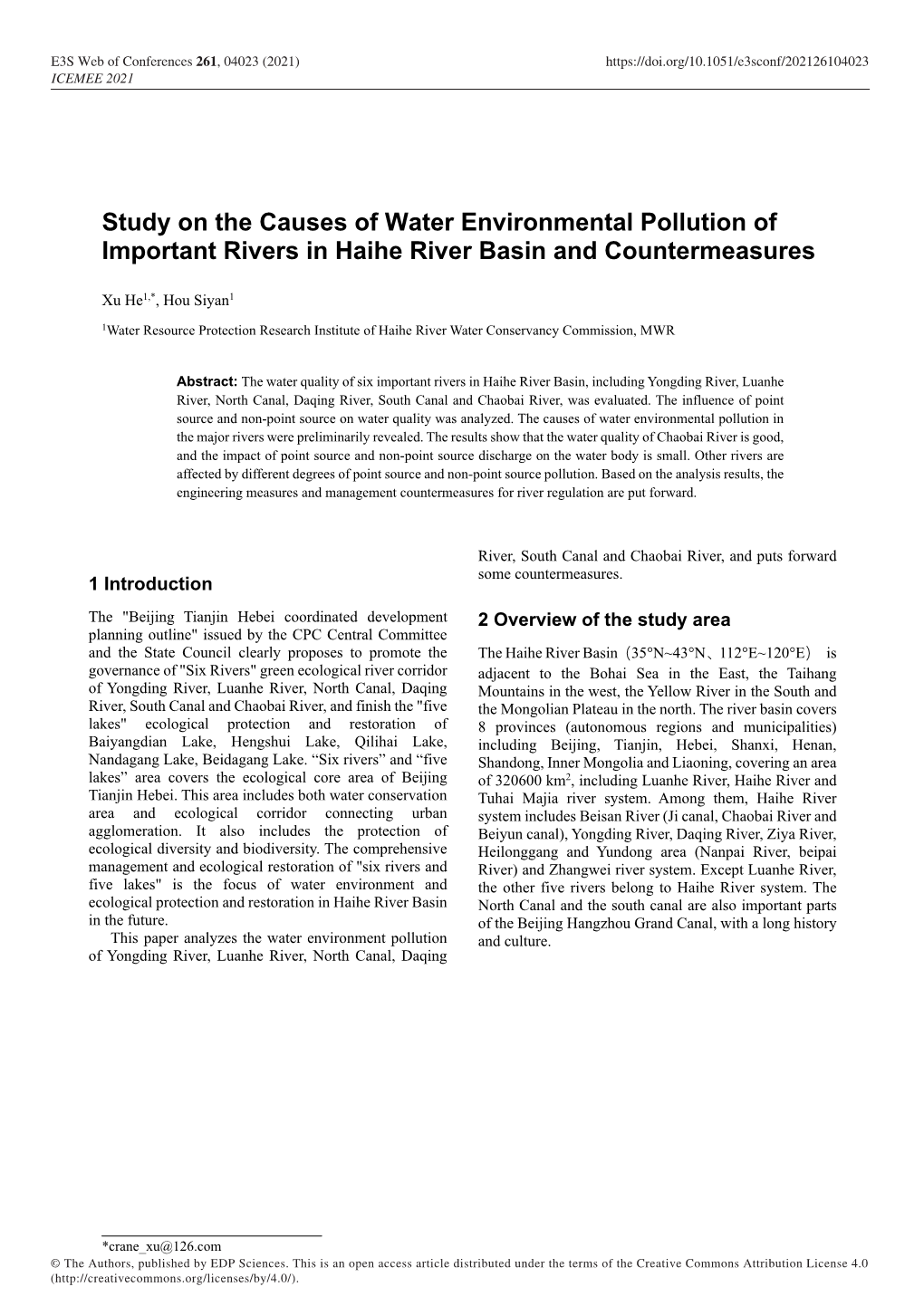 Study on the Causes of Water Environmental Pollution of Important Rivers in Haihe River Basin and Countermeasures