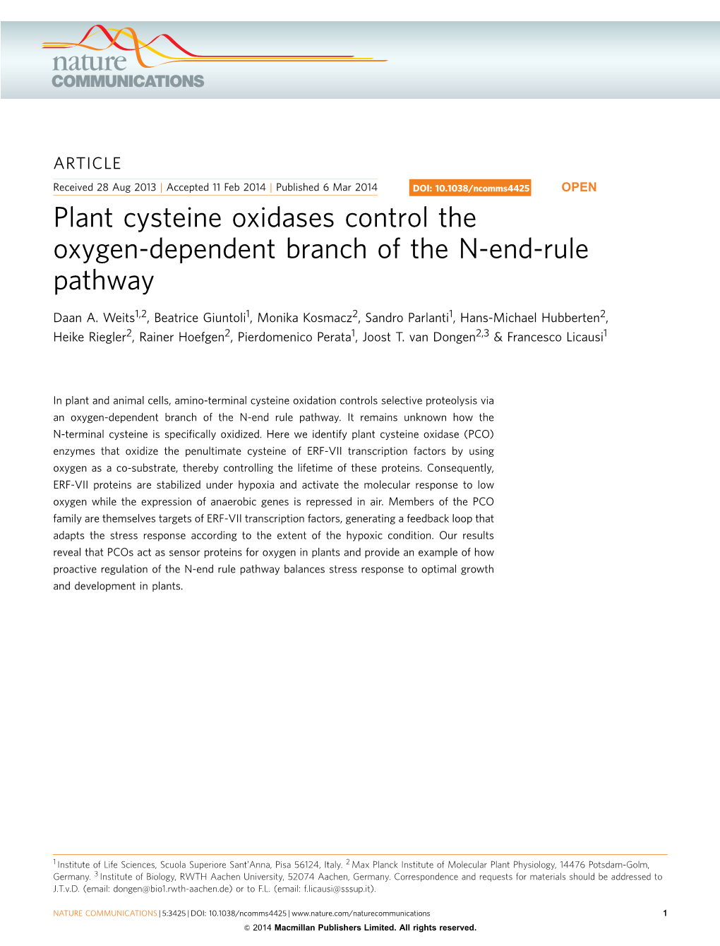 Plant Cysteine Oxidases Control the Oxygen-Dependent Branch of the N-End-Rule Pathway