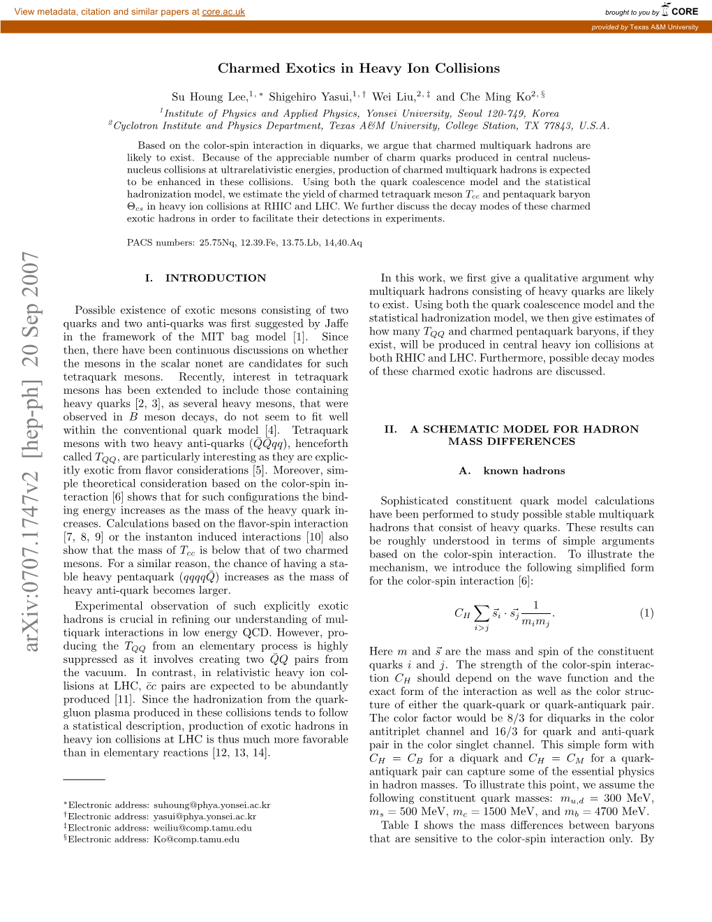 Arxiv:0707.1747V2 [Hep-Ph] 20 Sep 2007 QQ ¯ Here M and ~S Are the Mass and Spin of the Constituent Suppressed As It Involves Creating Two QQ Pairs from Quarks I and J