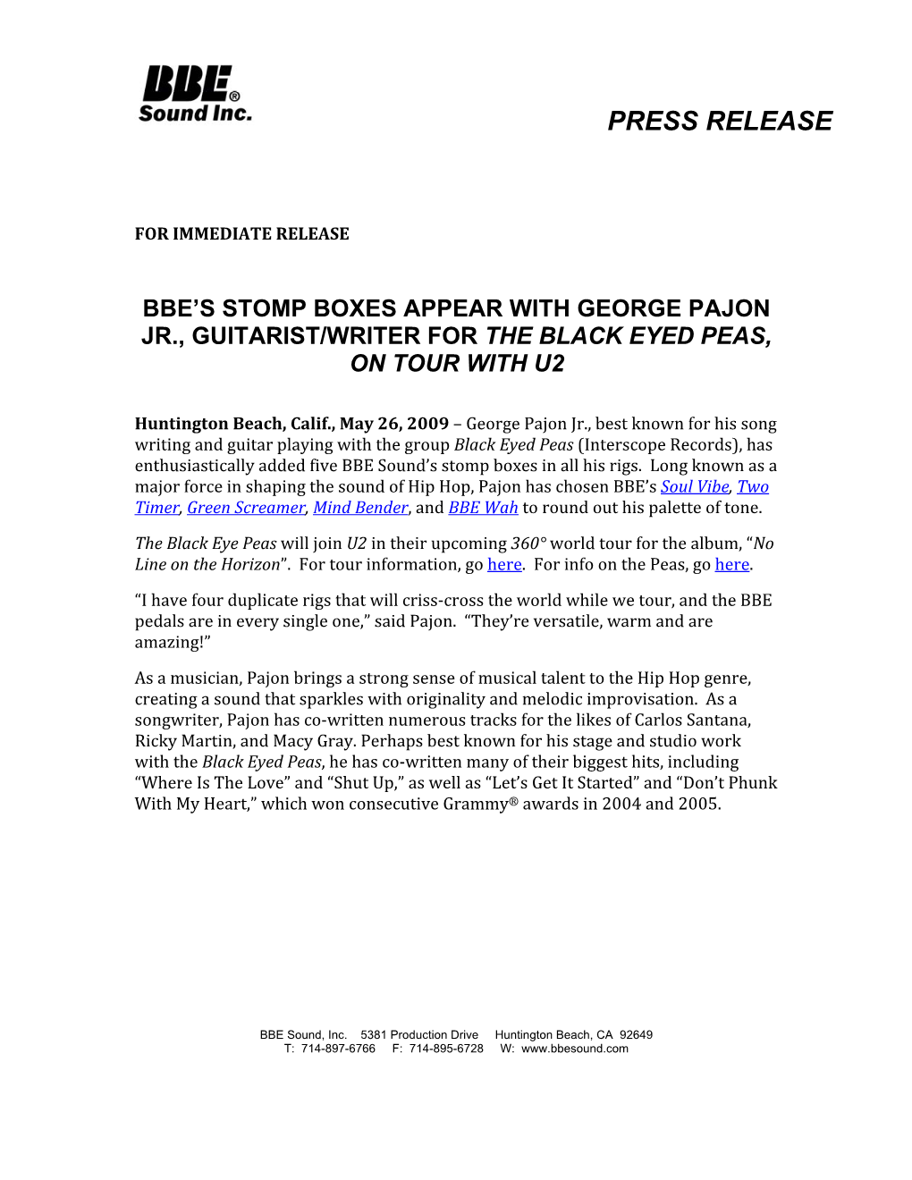 BBE's Stomp Boxes Appear with George Pajon Jr., Guitarist/Writer For