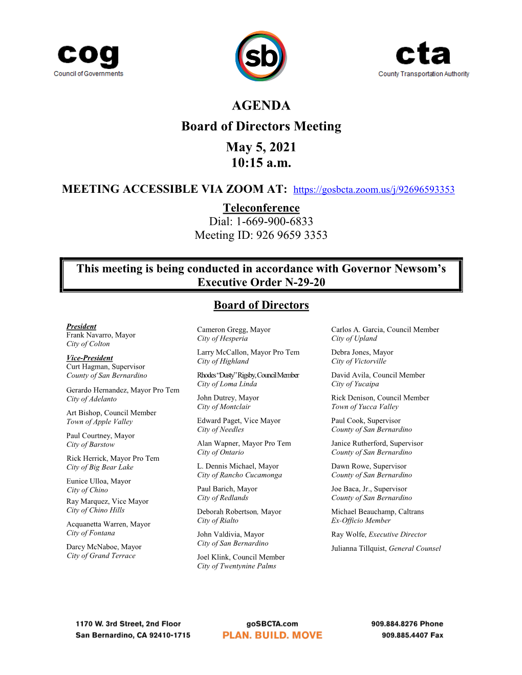 AGENDA Board of Directors Meeting May 5, 2021 10:15 Am