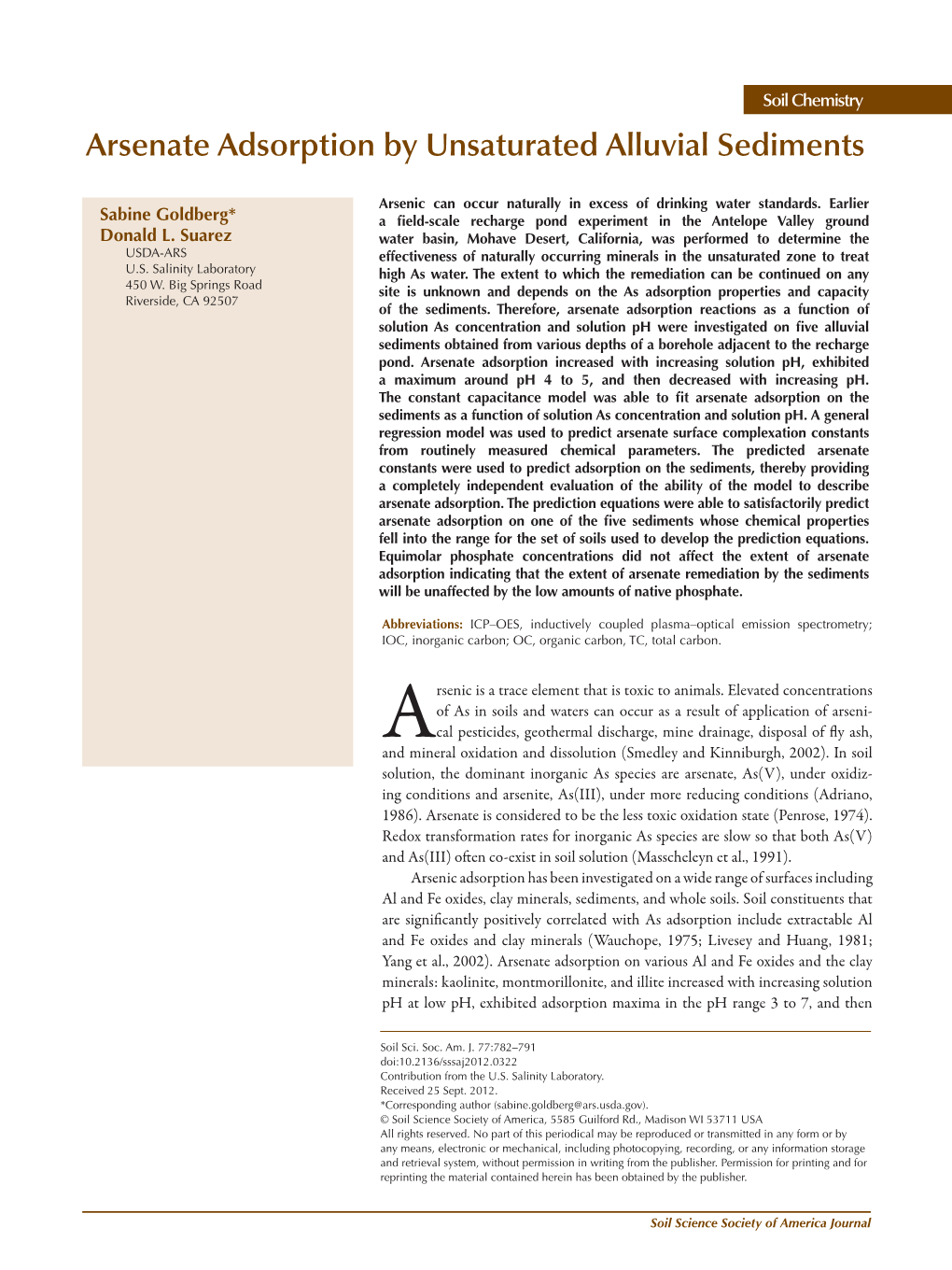 Arsenate Adsorption by Unsaturated Alluvial Sediments