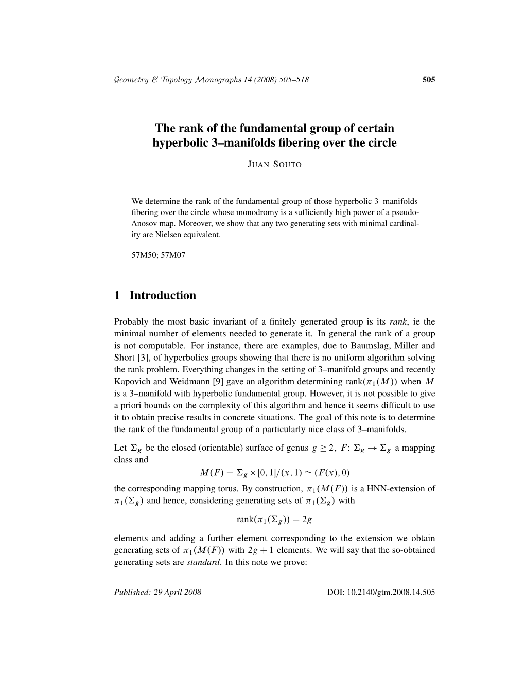 The Rank of the Fundamental Group of Certain Hyperbolic 3--Manifolds