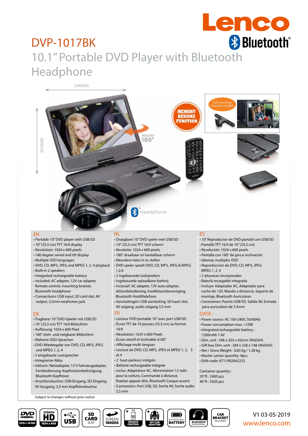 DVP-1017BK 10.1” Portable DVD Player with Bluetooth Headphone