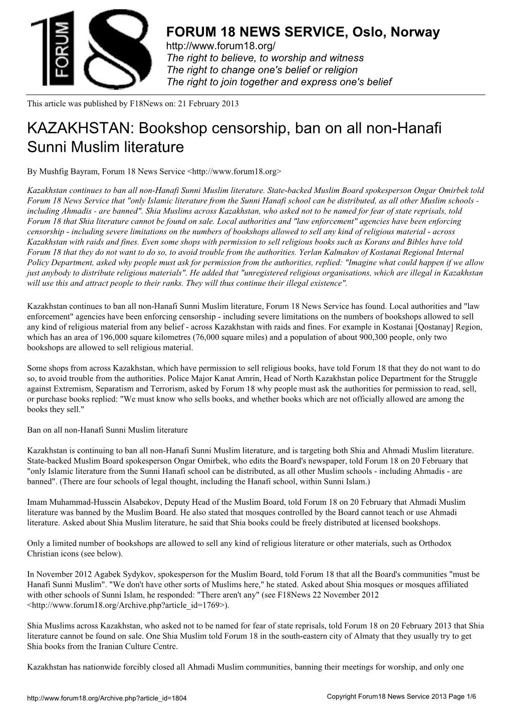 KAZAKHSTAN: Bookshop Censorship, Ban on All Non-Hanafi Sunni Muslim Literature