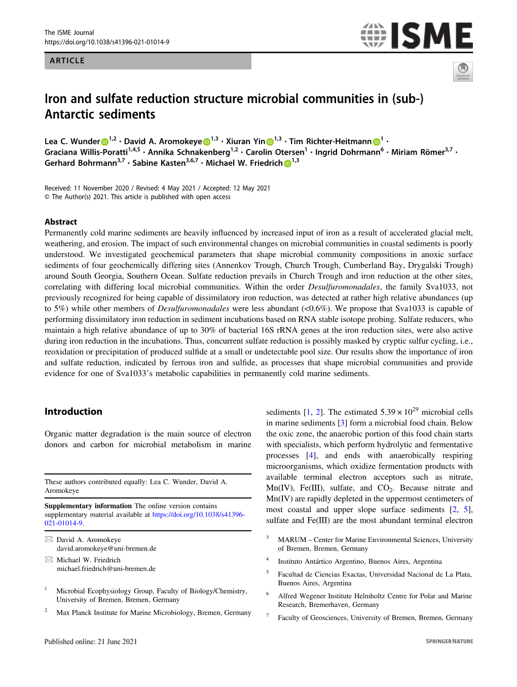 Iron and Sulfate Reduction Structure Microbial Communities in (Sub-)Antarctic Sediments