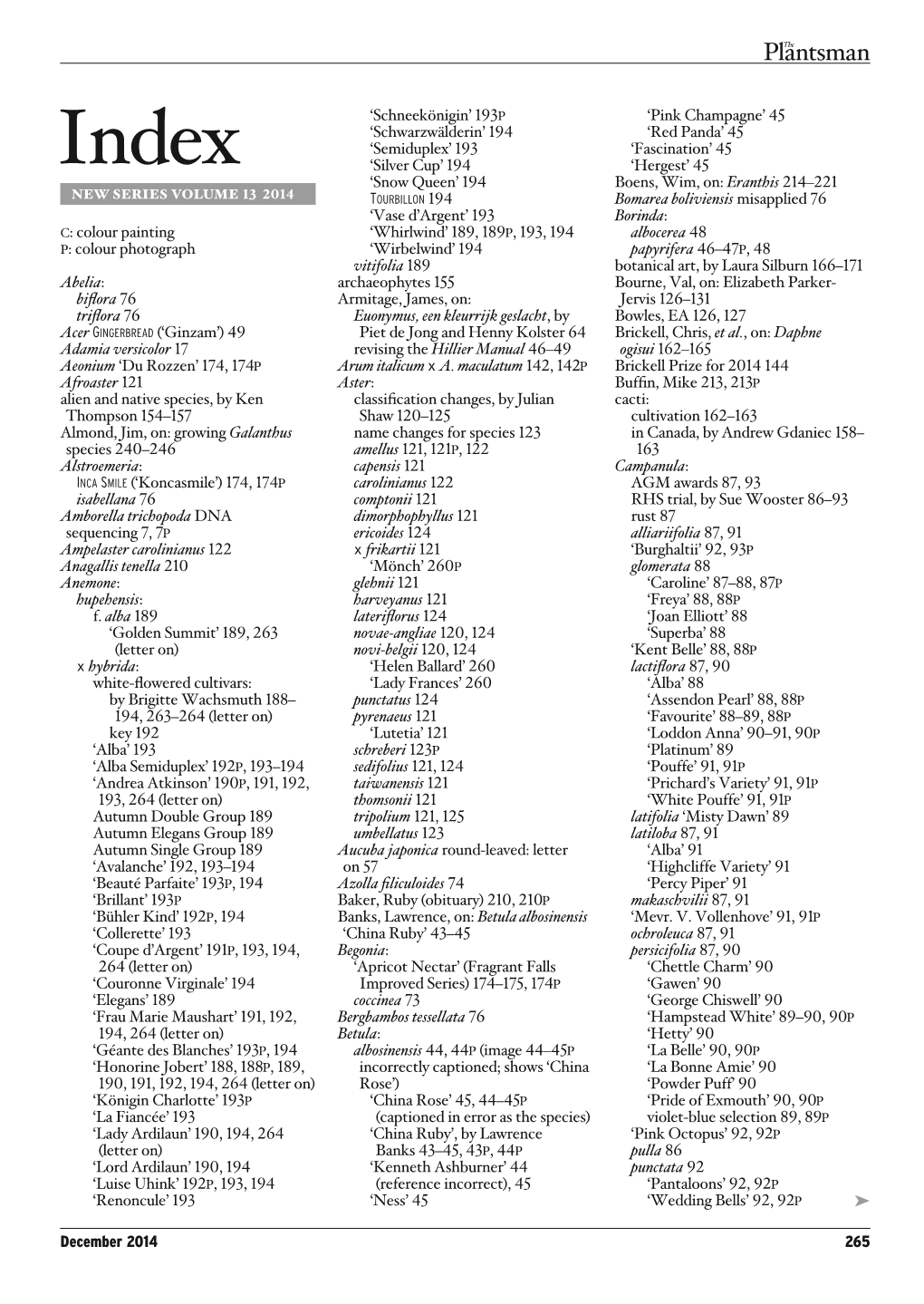 The Plantsman, December 2014: Index