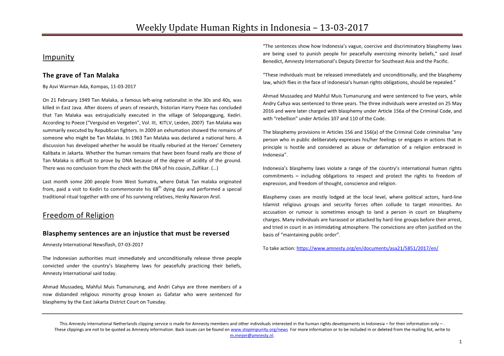 Weekly Update Human Rights in Indonesia – 13-03-2017