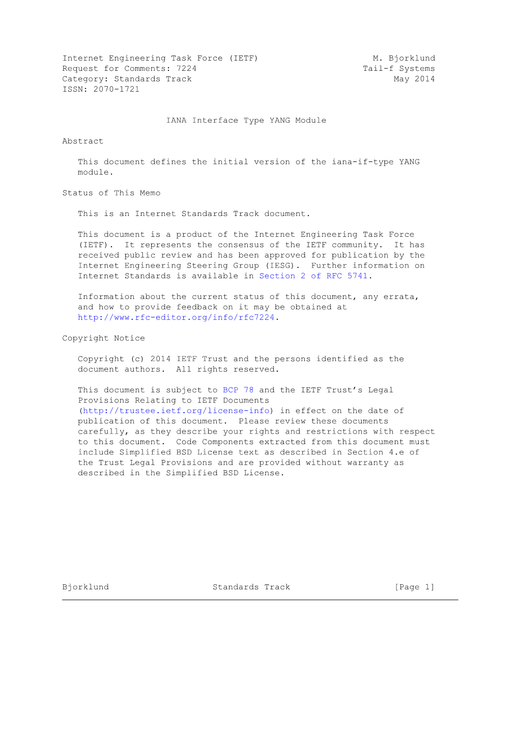 RFC 7224 IANA Interface Type YANG Module May 2014